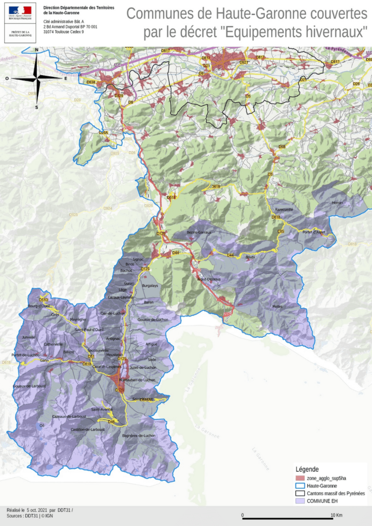 Carte des des communes concernées par la loi montagne en Haute-Garonne